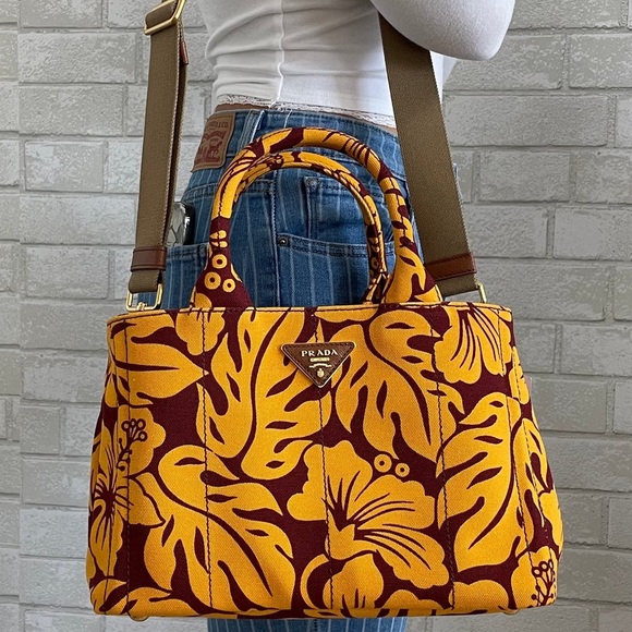 RARE PRADA Canvas Handbag Floral Crossbody Strap - Picture 1 of 3